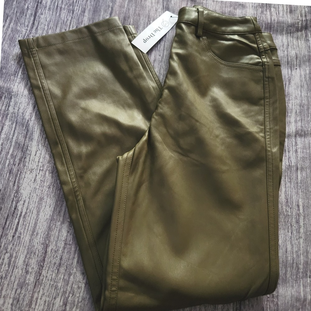 The Drop Faux Leather Pants Olive Green Capers Olive Women's Size 24 - Picture 2 of 10